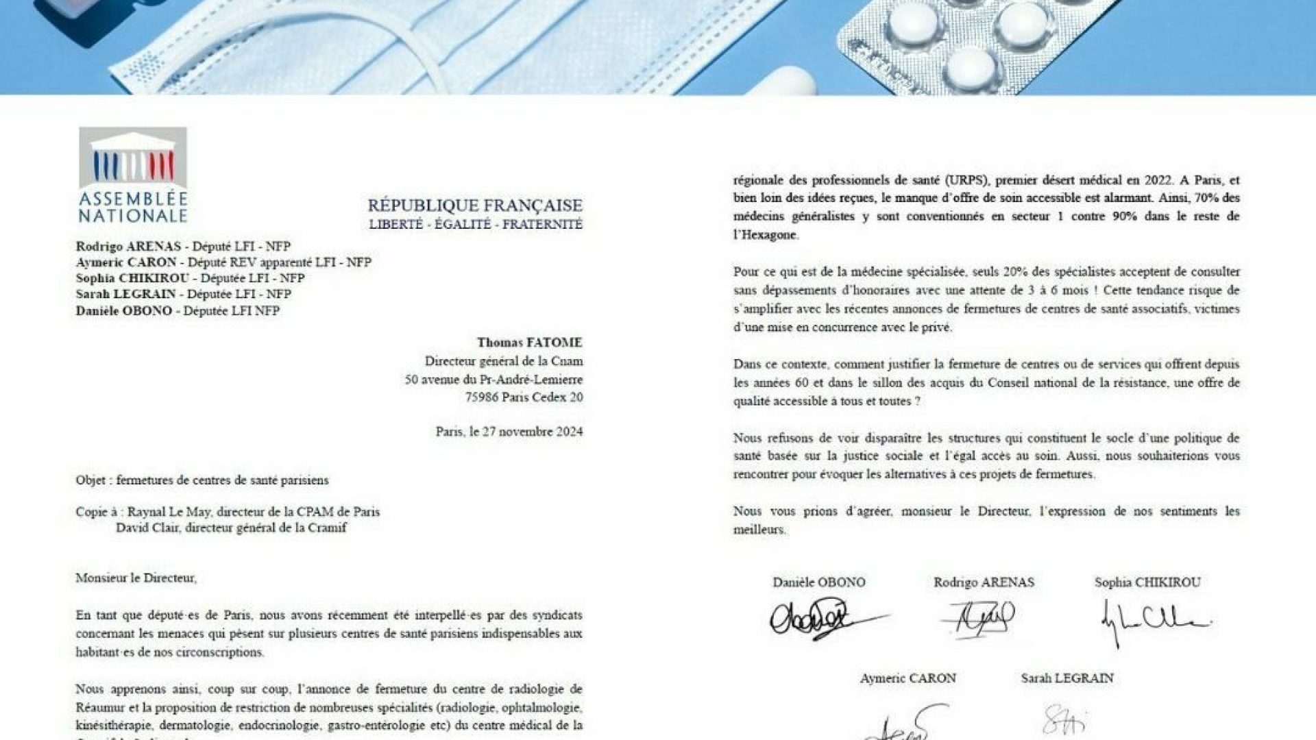 Courrier Cnam - Fermeture centres de santés parisiens (27nov24)